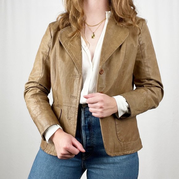 Stunning Vintage Parisian Oversized Leather Camel Tan Blazer Jacket Coat Preppy - Picture 9 of 9